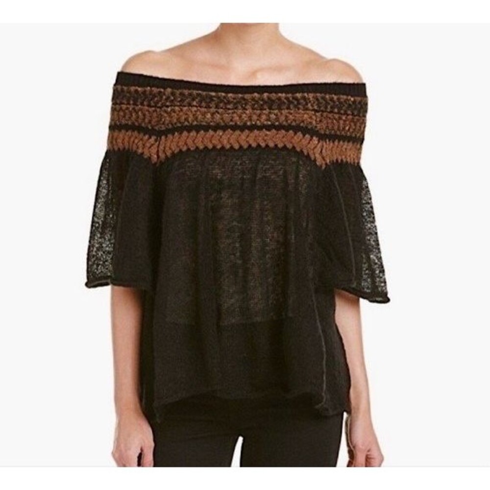 FREE PEOPLE Black Loch Lomond Off Shoulder Flutter Sleeve Sweater Wool Blend S